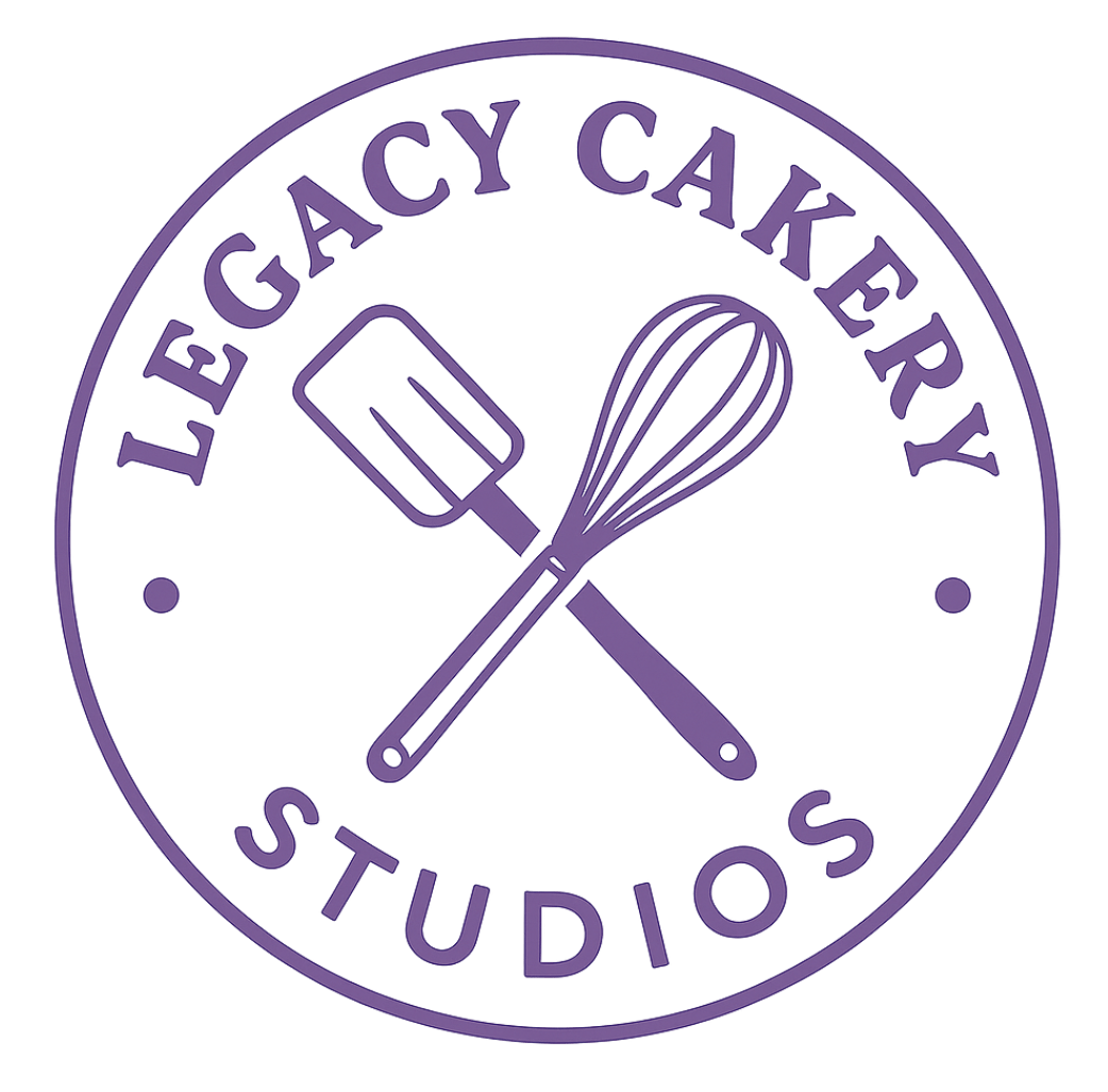 Legacy Cakery Studios logo with a crossed spatula and whisk inside a purple circle badge